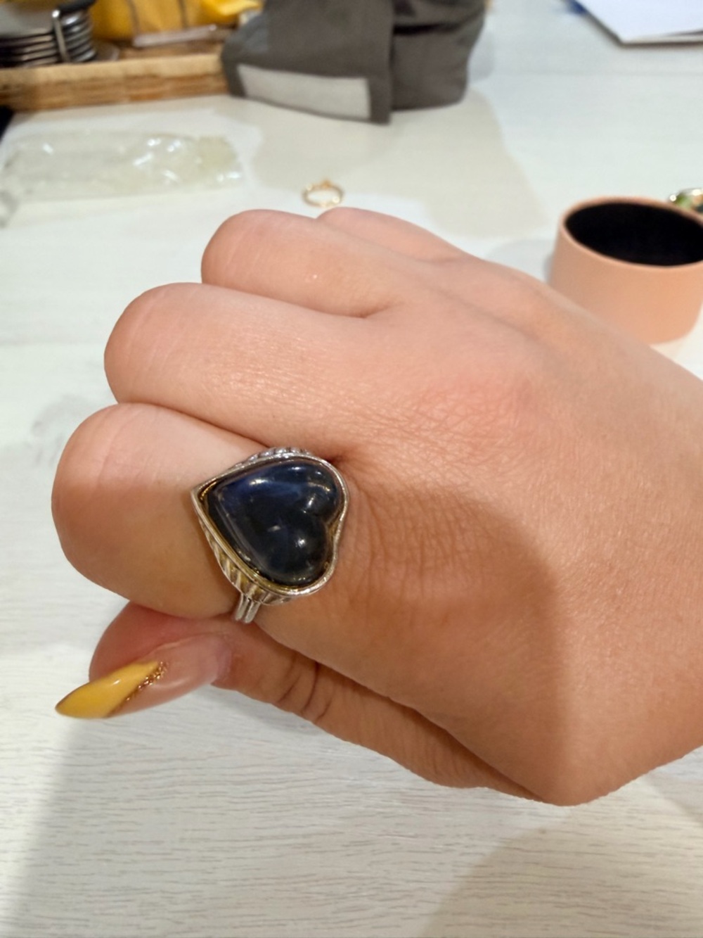 Sterling Silver Heart Ring with Deep Blue Stone